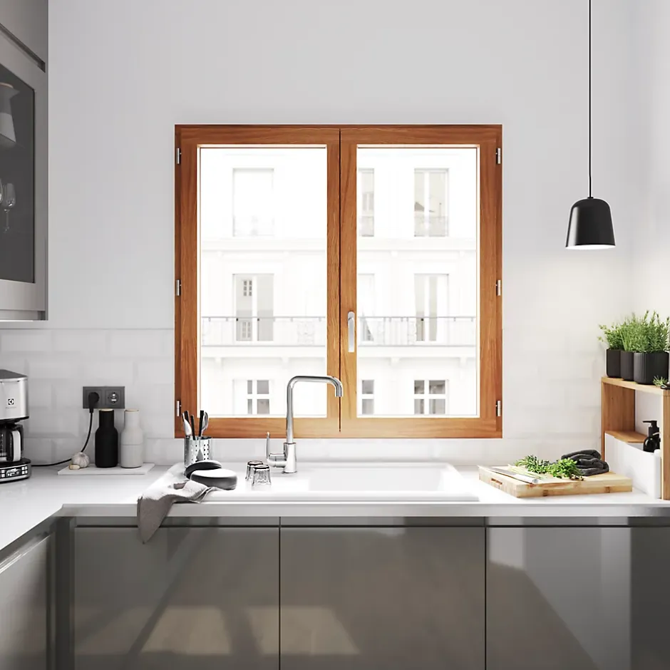 GoodHome Fenêtre 2 vantaux tirant droit double vitrage en bois marron l.125 x H.77,8 cm