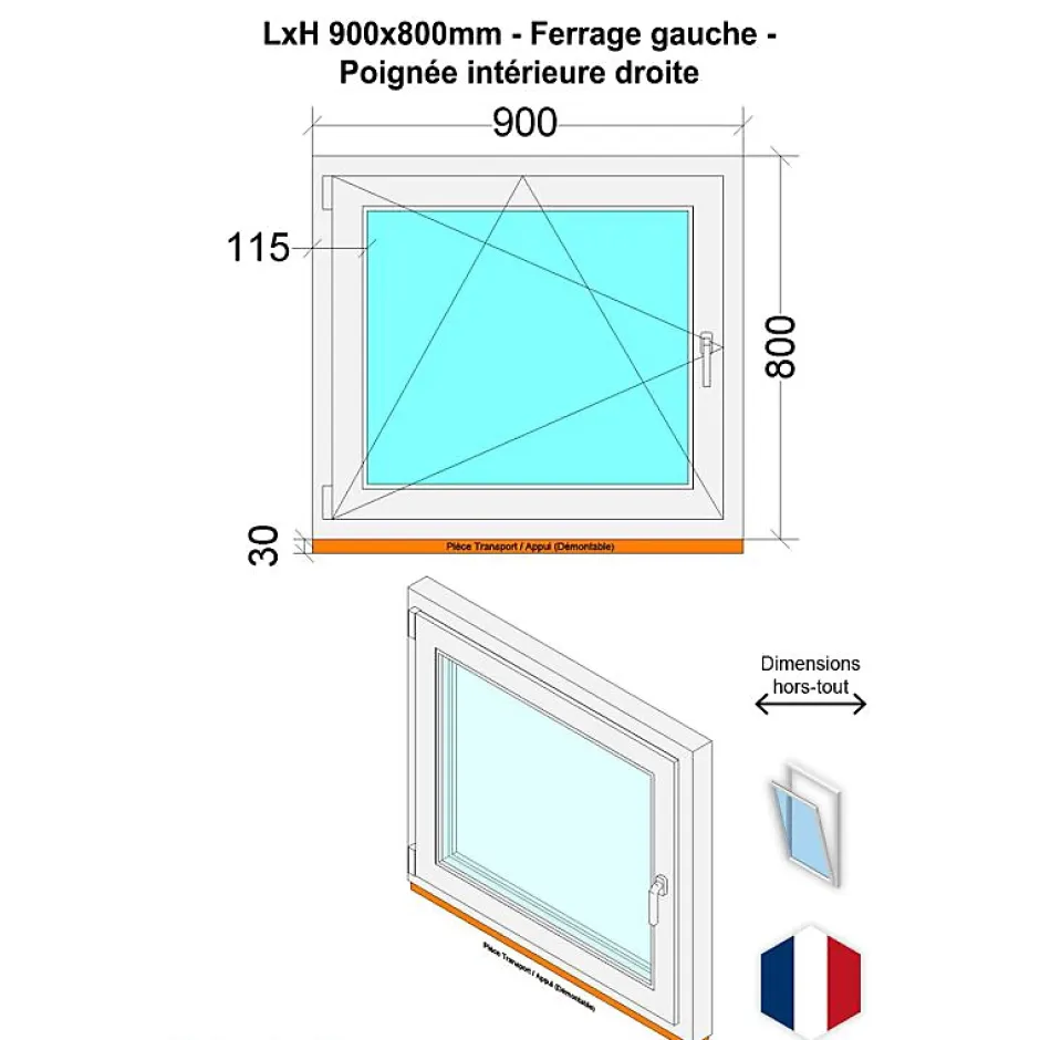 Fenêtre PVC - LxH 900x800 mm -Triple Vitrage - Bicolore blanc int/anthracite ext-poignée à droite-Hexa’Fen Outlet