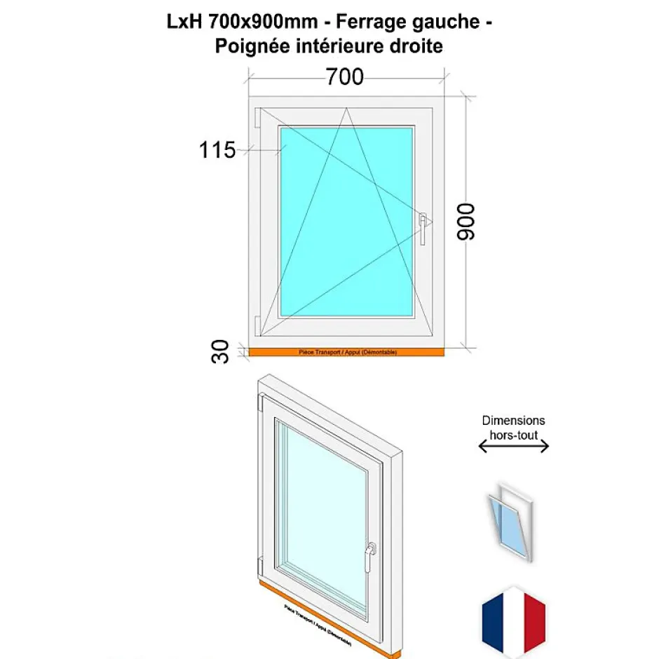 Fenêtre PVC - LxH 700x900 mm -Triple Vitrage - Bicolore blanc int/anthracite ext-poignée à droite-Hexa’Fen Hot