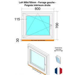 Hexa’Fen Fenêtre PVC - LxH 800x700 mm -Triple Vitrage - Blanc -poignée à droite