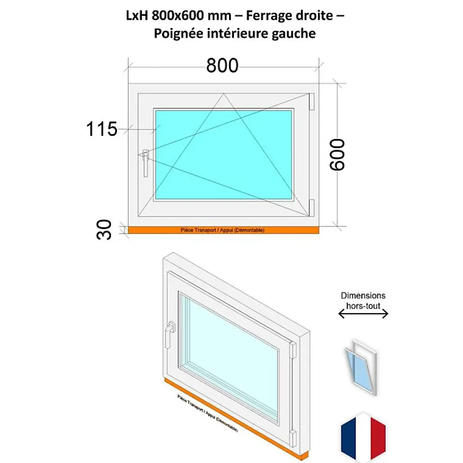 Fenêtre PVC - LxH 800x600 mm -Triple Vitrage - Bicolore blanc int/anthracite ext-poignée à gauche-Hexa’Fen Hot