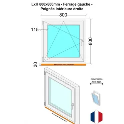 Hexa’Fen Fenêtre PVC - LxH 800x800 mm -Triple Vitrage - Blanc -poignée à droite