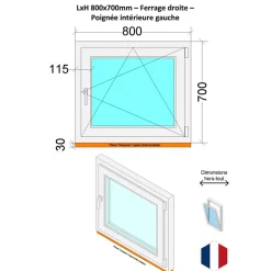 Hexa’Fen Fenêtre PVC - LxH 800x700 mm -Triple Vitrage - Blanc -poignée à gauche