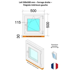 Hexa’Fen Fenêtre PVC - LxH 500x500 mm -Triple Vitrage - Blanc -poignée à gauche