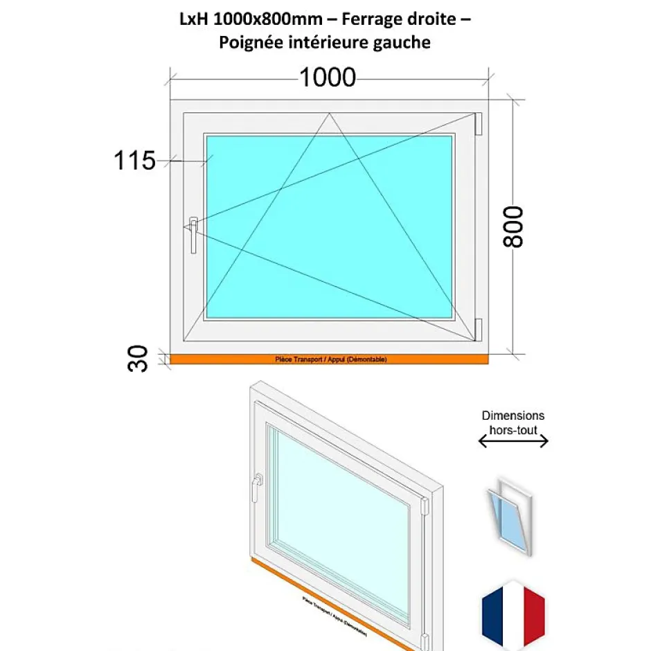Hexa’Fen Fenêtre PVC - LxH 1000x800 mm -Triple Vitrage - Blanc -poignée à gauche