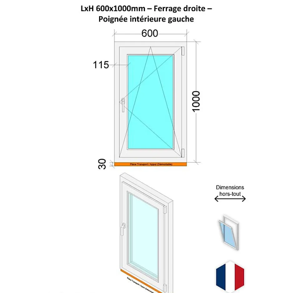 Hexa’Fen Fenêtre PVC - LxH 600x1000 mm -Triple Vitrage - Bicolore blanc int/anthracite ext-poignée à gauche