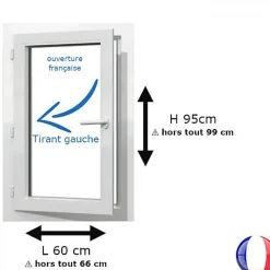 Gefradis Fenêtre PVC 1 vantail H 95 x L 60 cm OF pour pose en neuf avec poignée - tirant gauche