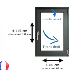 Gefradis Fenêtre PVC 1 vantail H 115 x L 80 cm OB anthracite pour pose en neuf - tirant droit