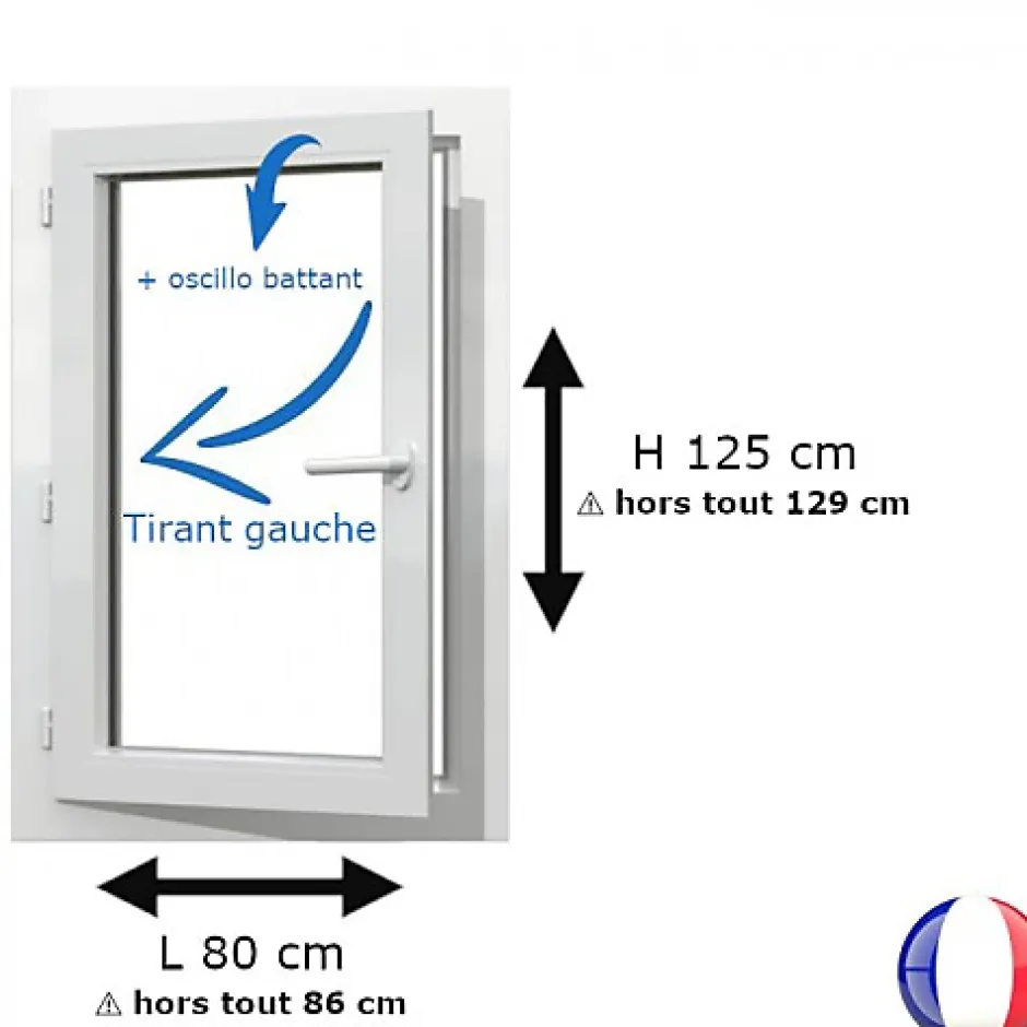 Gefradis Fenêtre PVC 1 vantail H 125 x L 80 cm OB pour pose en neuf avec poignée - tirant gauche