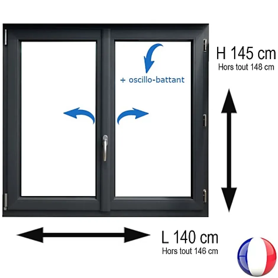 Fenêtre PVC 2 vantaux H 145 x L 140 cm OB anthracite pour pose en neuf avec poignée-Gefradis