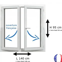 Gefradis Fenêtre PVC 2 vantaux H 95 x L 140 cm OF pour pose en neuf avec poignée