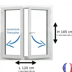 Gefradis Fenêtre PVC 2 vantaux H 185 x L 120 cm OF pour pose en neuf avec poignée