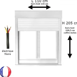Gefradis Fenêtre PVC avec volet roulant électrique H 205 x L 110 cm 2 vantaux pour pose en neuf