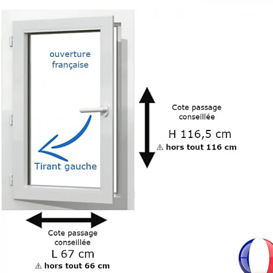 Fenêtre PVC blanc 1 vantail hors tout H 106 x L 66 cm ouverture française pour pose rénovation - tirant gauche-Gefradis