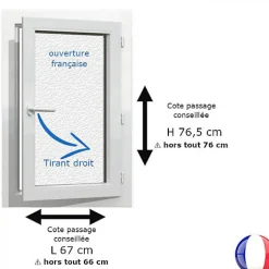 Gefradis Fenêtre PVC blanc 1 vantail hors tout H 76 x L 66 cm ouverture française verre brouillé pour pose rénovation - tirant droit