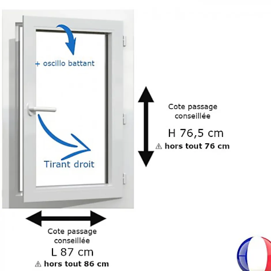 Fenêtre PVC blanc 1 vantail hors tout H 76 x L 86 cm oscillo battant pour pose rénovation - tirant droit-Gefradis Discount