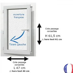 Gefradis Fenêtre PVC blanc 1 vantail hors tout H 61 x L 46 cm ouverture française verre brouillé pour pose rénovation - tirant gauche