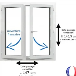 Gefradis Fenêtre PVC blanc 2 vantaux hors tout H 146 x L 146 cm ouverture française pour pose rénovation