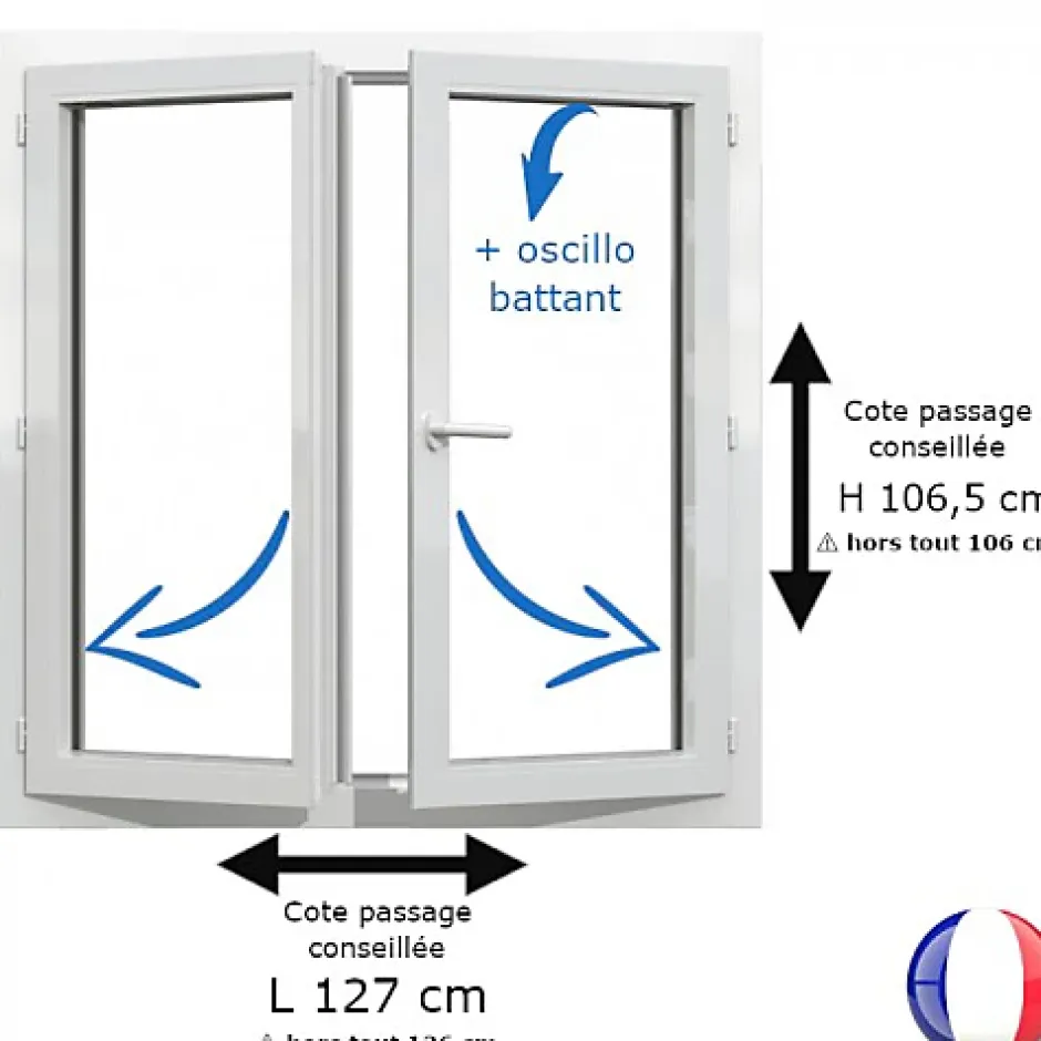 Gefradis Fenêtre PVC blanc 2 vantaux hors tout H 106 x L 126 cm oscillo battant pour pose rénovation