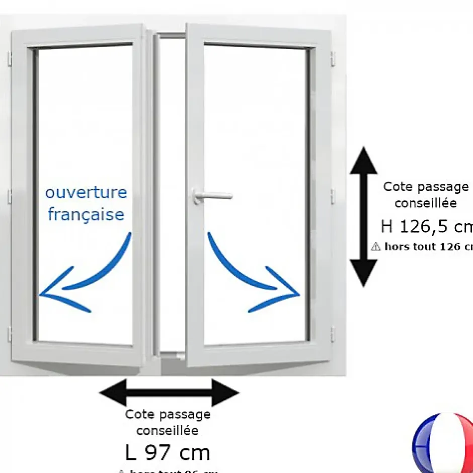 Gefradis Fenêtre PVC blanc 2 vantaux hors tout H 126 x L 96 cm ouverture française pour pose rénovation