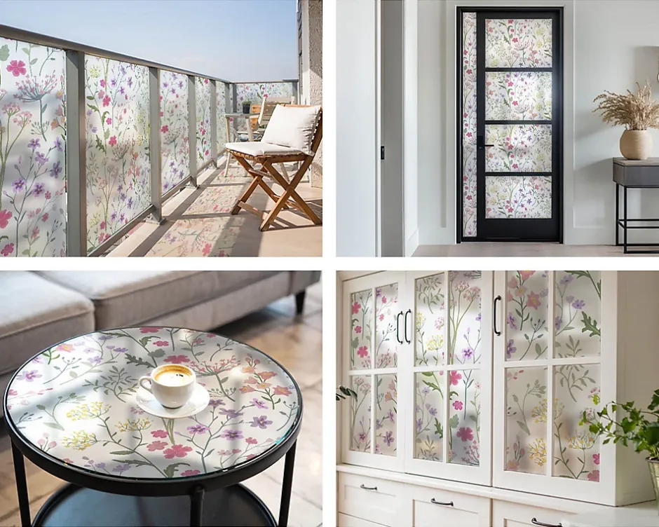 Film dépoli blanc adhésif 50x100 cm d'Intimité pour Fenêtre Rayures Prairie Fleurie 1 rol.-Wallfluent Outlet