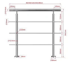 Garde corps en inox 304 a 3 traverses Longueur 200 cm Fixation a plat pour terrasse ou escalier-Saniland Discount