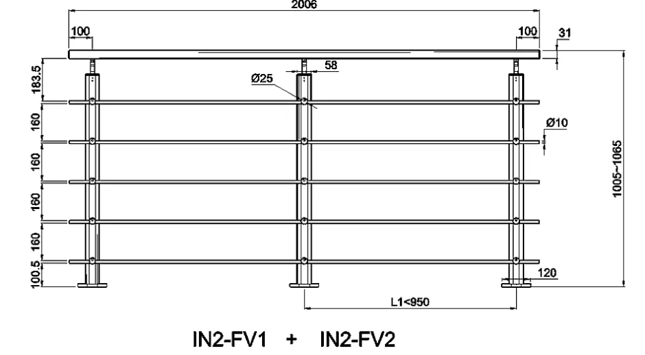 Garde-corps - Pour intérieur et extérieur - Aluminium argenté - Avec 5 traverses et 1 main courante - 200cm - Fixation à plat-AICA Sanitaire Clearance