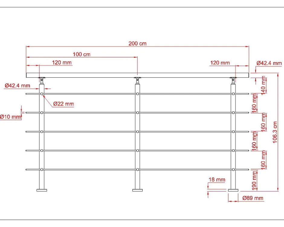 AICA Sanitaire Garde-corps avec main courante, 200cm, en acier inoxydable 304, garde-corps avec 5 traverses, pour intérieur et extérieur