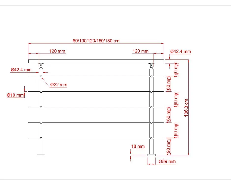 Garde-corps avec main courante, 100cm, en acier inoxydable 304, garde-corps avec 5 traverses, pour intérieur et extérieur-AICA Sanitaire