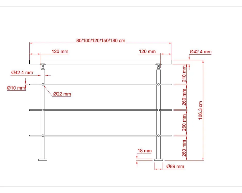 AICA Sanitaire Garde-corps avec main courante, 180cm, en acier inoxydable 304, garde-corps avec 3 traverses, pour intérieur et extérieur