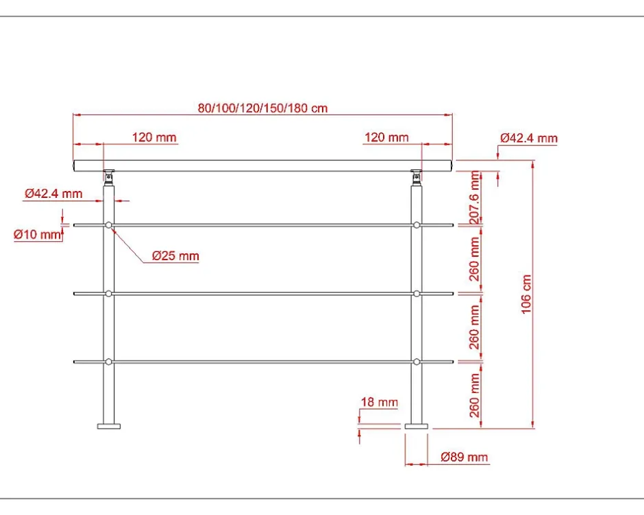 AICA Sanitaire Garde-corps 100cm avec main courante, en acier inoxydable 201, pour intérieur et extérieur, garde-corps avec 3 traverses