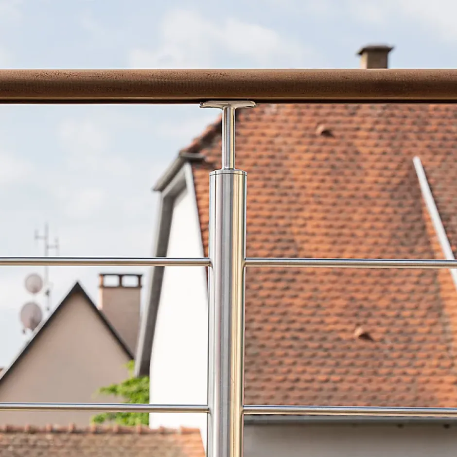 Garde-corps inox main courante bois gris pose à plat, Inoca-Kordo Online