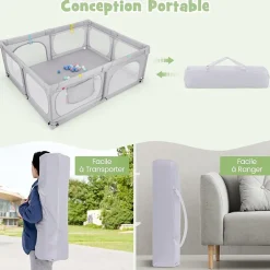 Giantex Grand Parc Bébé Centre Activités Base Antidérapante Paroi en Maille Respirante Portes Zippées 50 Balles Océaniques Gris