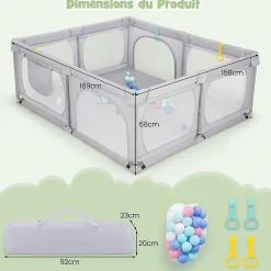 Giantex Grand Parc Bébé Centre Activités Base Antidérapante Paroi en Maille Respirante Portes Zippées 50 Balles Océaniques Gris