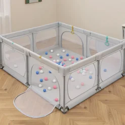 Giantex Grand Parc Bébé Centre Activités Base Antidérapante Paroi en Maille Respirante Portes Zippées 50 Balles Océaniques Gris