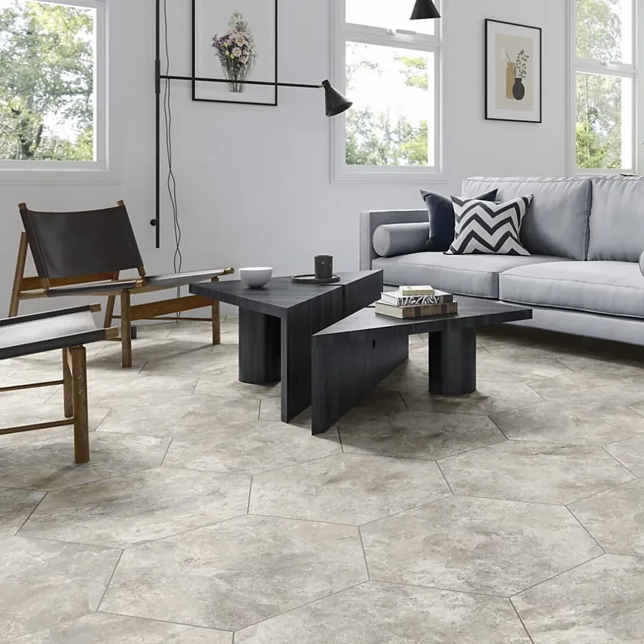 Grès Cérame Premium Format 56x48,5 Intérieur/Extérieur Arlet Taupe Hexagonal Effet Travertin-Lux Mosaic Best