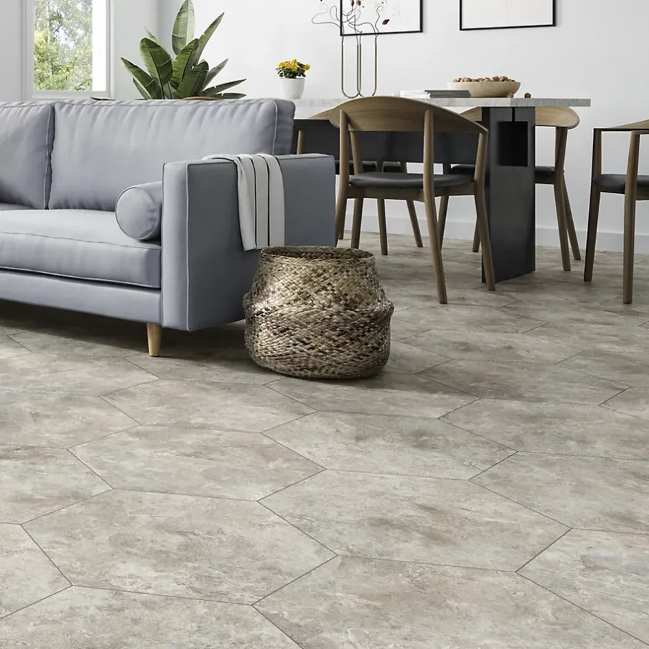 Grès Cérame Premium Format 56x48,5 Intérieur/Extérieur Arlet Taupe Hexagonal Effet Travertin-Lux Mosaic Best
