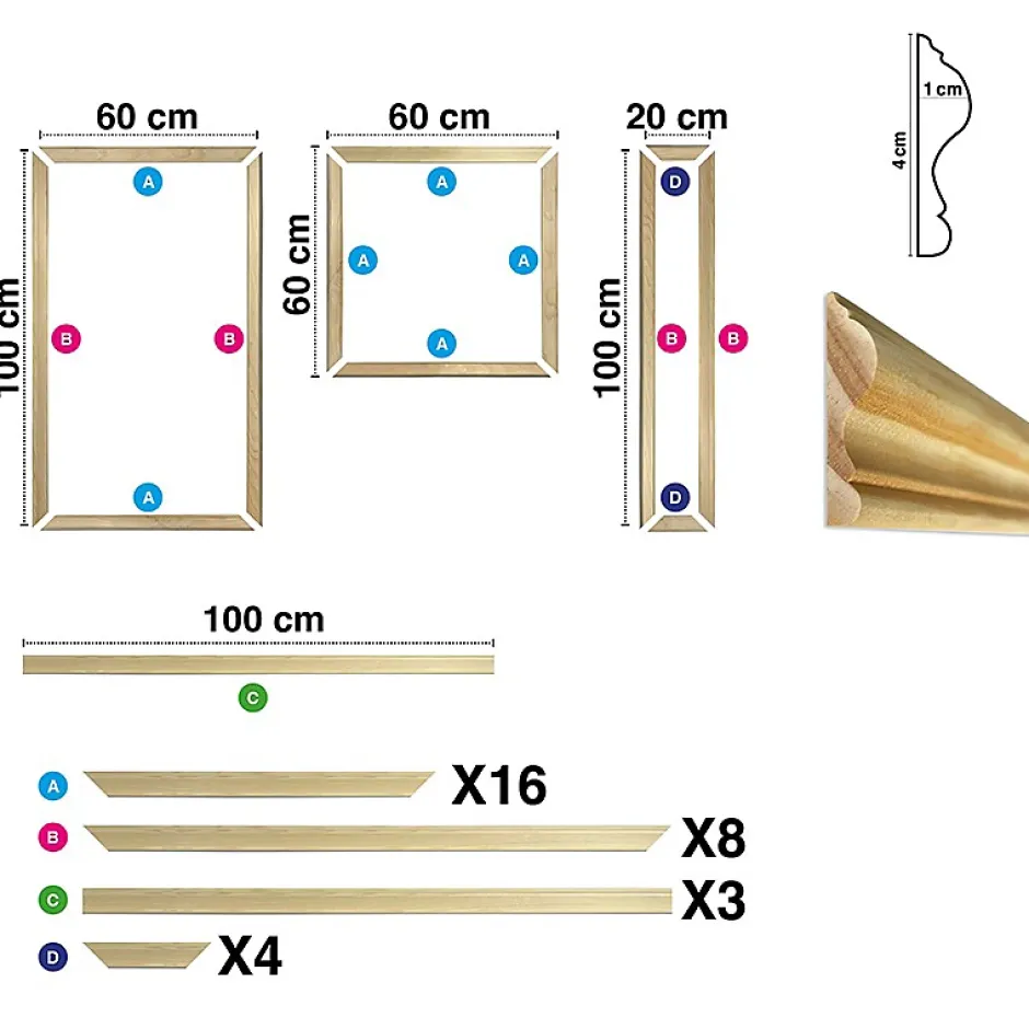 99DECO Kit de 7 moulures murales en bois Pin des Landes - Prêt à coller et peindre - Apolline - 3 mètres