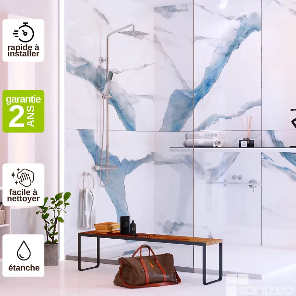 Kobert-in Kit de 2 Panneaux d'Habillage Décoratif Mural Douche, L120xl120x0.4 cm, finition bleu, Calacatta BLUE KOBERTIN