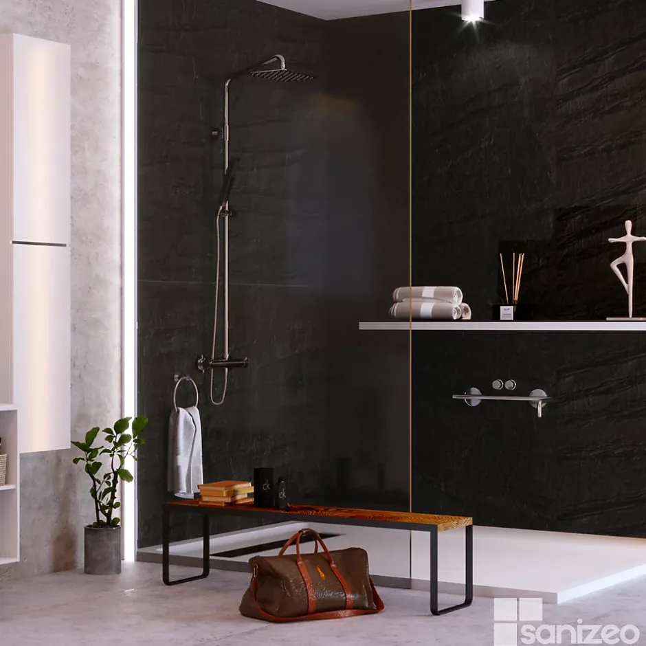 Kobert-in Kit de 2 Panneaux d'Habillage Décoratif Mural Douche, L120xl120x0.4 cm, finition finition pierre noire, Manson KOBERTIN