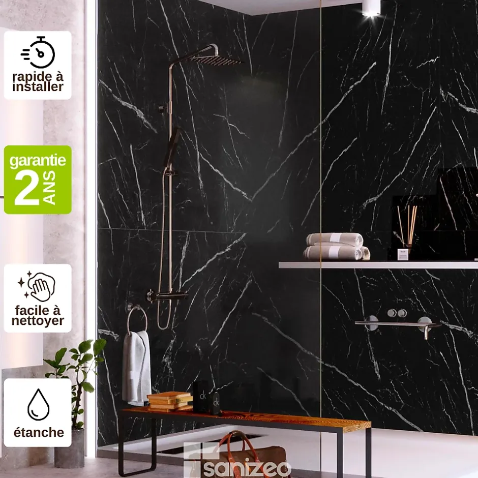 Kit de 2 Panneaux d'Habillage Décoratif Mural Douche, L120xl120x0.4 cm, finition marbre noir, Infinite Black KOBERTIN-Kobert-in