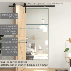Homcom Kit de porte coulissante compatible porte ép. 40-55 mm longueur rail 1,52 m charge max. 90 Kg acier au carbone noir