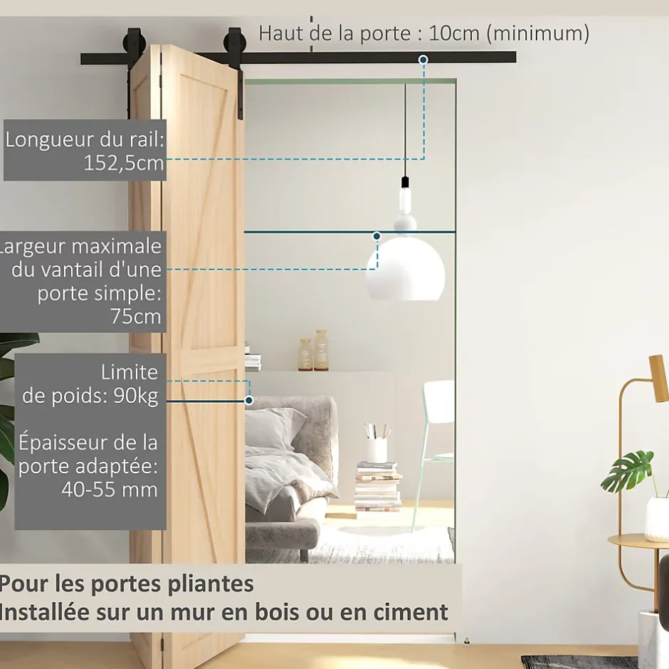 Homcom Kit de porte coulissante compatible porte ép. 40-55 mm longueur rail 1,52 m charge max. 90 Kg acier au carbone noir