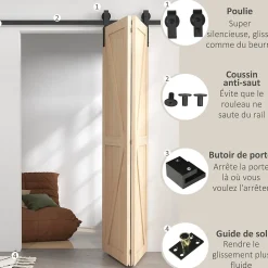 Homcom Kit de porte coulissante compatible porte ép. 40-55 mm longueur rail 1,52 m charge max. 90 Kg acier au carbone noir