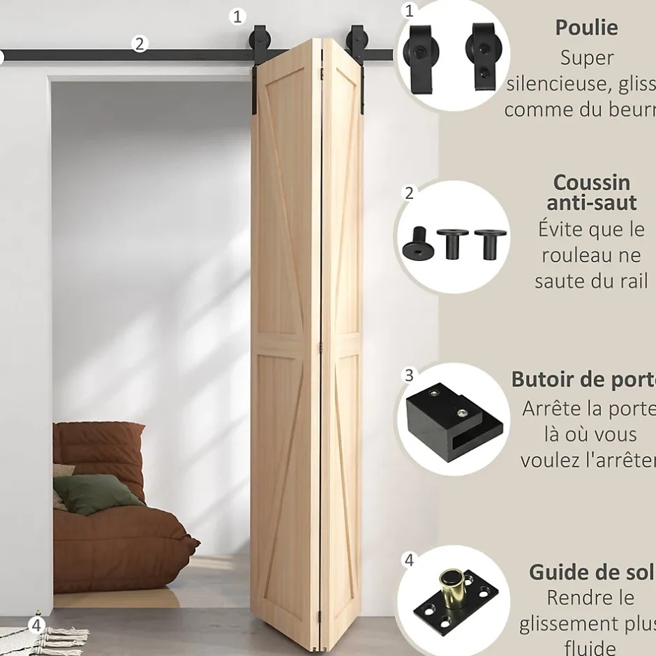 Homcom Kit de porte coulissante compatible porte ép. 40-55 mm longueur rail 1,52 m charge max. 90 Kg acier au carbone noir