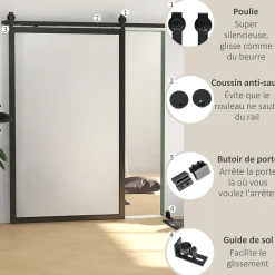Kit de porte coulissante système galandage pour porte ép. 40-55 mm longueur rail 2,44 m charge max. 90 Kg acier au carbone noir-HOMCOM