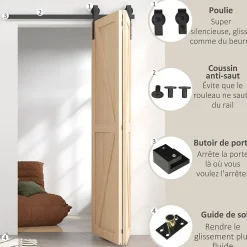 Homcom Kit de porte coulissante compatibilité porte épaisseur 40-55 mm longueur rail 1,22 m charge max. 90 Kg acier au carbone noir