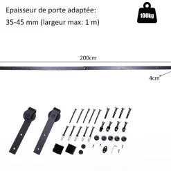 Kit de porte coulissante compatibilité porte d'une épaisseur de 35-45 mm et largeur max. 1 m charge max. 100 Kg acier brun foncé-Homcom Discount