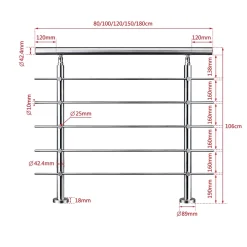 Kit garde corps en acier inoxydable a 5 traverses Longueur 120 cm Balustrade a fixation a plat pour terrasse ou escalier-Saniland Online