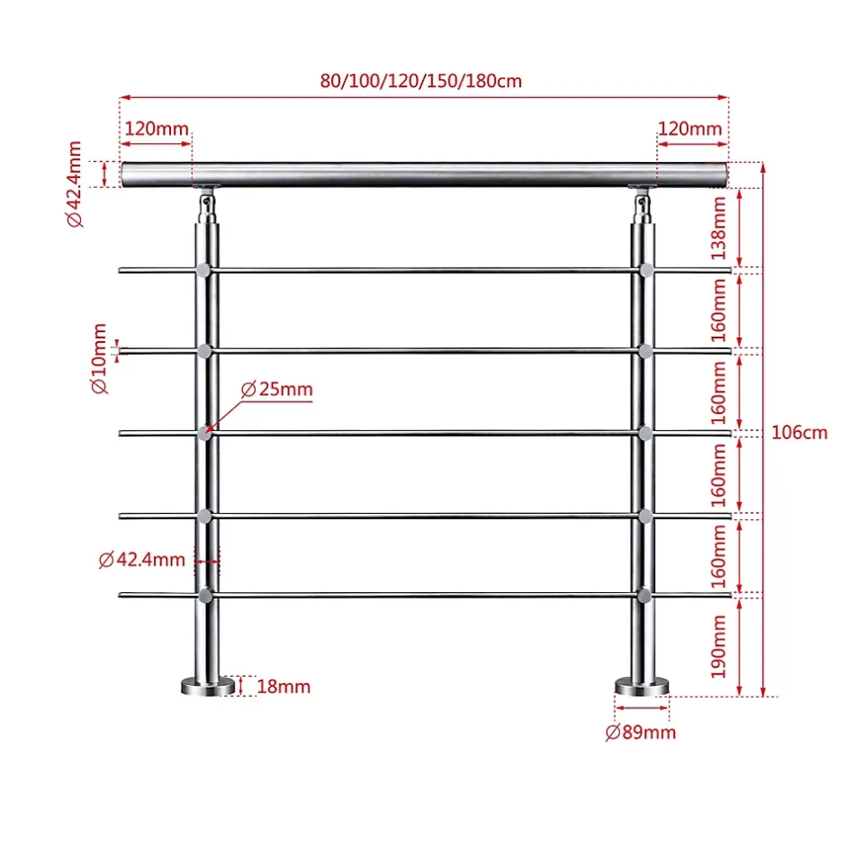 Kit garde corps en acier inoxydable a 5 traverses Longueur 120 cm Balustrade a fixation a plat pour terrasse ou escalier-Saniland Online